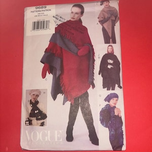 May include: Vogue Accessories pattern 9689 for a one-size poncho with fringe. The pattern includes five different styles of ponchos, including a red poncho with a blue lining, a black poncho, a brown poncho, and two variations of a blue and white poncho.
