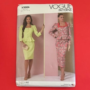 May include: Vogue Patterns sewing pattern for a dress, featuring two models wearing different versions of the dress. The dress on the left is a light green color, while the dress on the right is a floral print. The pattern number is V2006, and the size range is 8-18, 10-20, 12-14, 14-16.