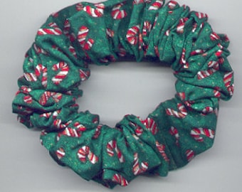 Christmas Hair Scrunchie Tiny Red and White Candy Canes on Dark Green