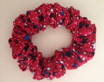 4th of July Hair Patriotic Red White Blue Scrunchie Navy & White Stars w/White Dots on Red