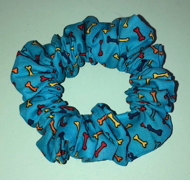 Colorful Puppy Dog Bones on Blue Cotton Handmade Scrunchie