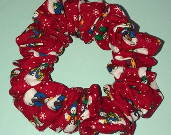 Christmas Snowmen Wearing Colorful Vests Scarves and Hats on Red Cotton Handmade Hair Scrunchie