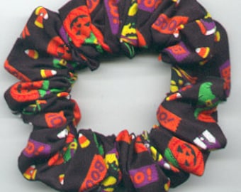 HALLOWEEN Scrunchie Candy Corn Trick or Treat Bags Jack-o-Lanterns Pumpkins BOO! Black Cotton Fabric