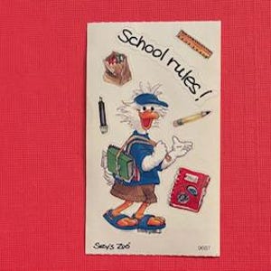 May include: A cartoon illustration of a white bird wearing a blue shirt and a blue cap, holding a green backpack and a pencil. The image has the text "School rules!" and is on a white background.