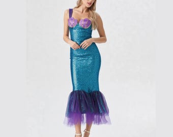 Disfraz de sirena para mujer, disfraz de cosplay con falda de cola de lentejuelas, vestido sexy para fiesta de Halloween, atuendo de festival, conjunto de cosplay