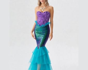 Vestido de sirena con lentejuelas para mujer, disfraz de cosplay con falda de cola, disfraz sexy para fiesta de Halloween, juego de rol, atuendo para festival, conjunto de cosplay
