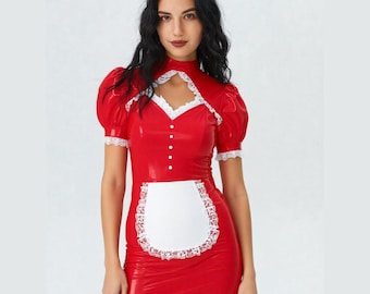 Sexy Red PU Leather Maid Cosplay Costume Women Hollow Out Lace Trim Apron Bodycon Dress Halloween Party Maidservant Outfit Roleplay