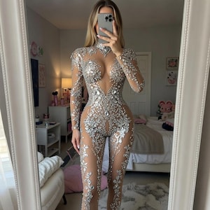 Glittriga strass-bodysuit för kvinnor – Sexig naken Rave-bodysuit