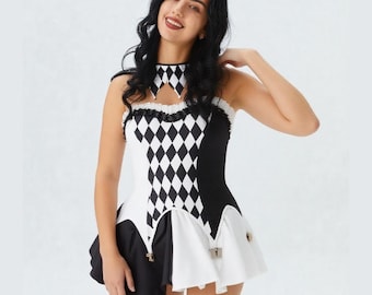 Sexy Zirkus Clown Cosplay Kostüm Frauen Schwarz Weiß Gitter Set Halloween Karneval Party Kostüm Maskerade Rollenspiel Festival Kleidung