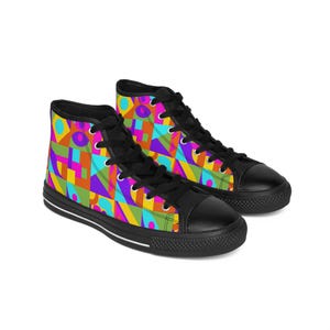 Colorful Geometric High-Top Sneakers: Women&#39;s Retro Fashion Shoes