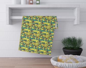 Torchon géométrique à motif oiseau rétro | Cuisine abstraite jaune vert