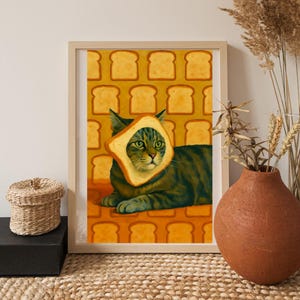 Funny Tabby Cat Toast Head Poster: Whimsical Kitchen Art (Digital Download