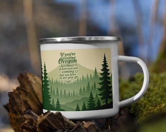Funny Oregon Camp Mug – “You’re Visiting Oregon” Enamel Camping Mug – PNW Humor Coffee Cup – 12oz Metal Camp Mug
