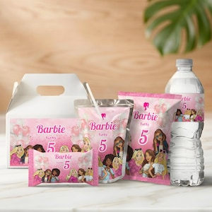 Pink Fashion Doll Party Favors Bundle | Editable Chip Bag, Water Bottle, Juice Labels | Printable Birthday Decor | Digital Download