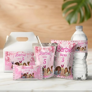 Fashion Doll Party Favors Bundle | Editable Chip Bag, Water Bottle, Juice Labels | Pink Malibu Printable Birthday Decor | Digital Download