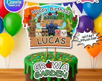 Bearbeitbarer Roblox Wachsen Sie einen Gartenkuchendeckel, personalisierte Geburtstagsdekoration, Canva-Vorlage, Partybevorzugung, sofortiger Download, Partydekore, D3