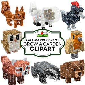 May include: A collection of pixelated animal clipart, including a squirrel, sheep, rooster, owl, robin, red panda, raccoon, and bear. The image also features a sign that reads "Fall Market Event Grow a Garden Clipart."