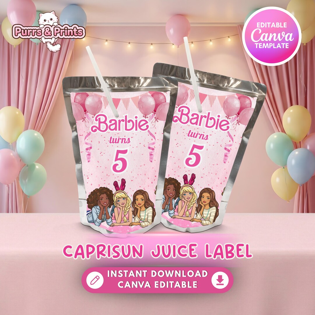 Pink Doll Juice Pouch Label | Custom Capri Sun Wrapper | Editable Drink ...