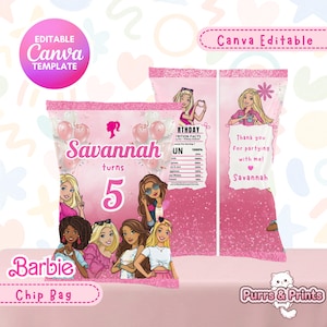 Pink Fashion Doll Chip Bag Wrapper | Custom Birthday Party Favor | Editable Snack Label | Printable Treat Bag Template | Canva Template