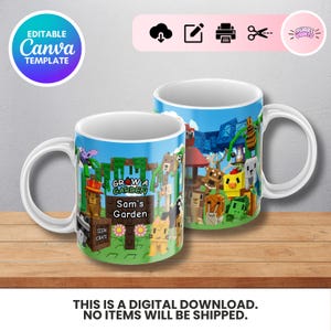 May include: Two white ceramic mugs with a colorful Minecraft-themed design. The mugs feature a garden scene with pixelated animals, plants, and the text "Grow a Garden" and "Sam's Garden". The mugs are on a wooden surface.