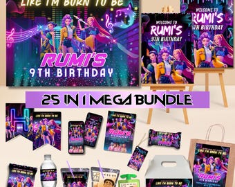 K-Pop Demon Hunter Printable Party Kit | 25-in-1 Mega Bundle | Banner, Chip Bag, Dr Han Tonic | Glitch Neon Birthday | Editable Canva