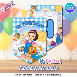 Puede incluir: Dos banderines con un patrón de cuadros azules, con personajes de dibujos animados, arcoíris y el texto "HI FRIENDS!". Los banderines incluyen el texto "Ms. Rachel" y "Editable Pennants". El fondo incluye globos de colores.