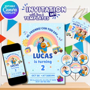 Puede incluir: Un conjunto de invitaciones de fiesta de cumpleaños con un arcoíris, personajes de dibujos animados y el texto "LUCAS cumple 2 años". Incluye un teléfono que muestra la invitación, etiquetas y adornos para cupcakes. Es una plantilla de Canva.