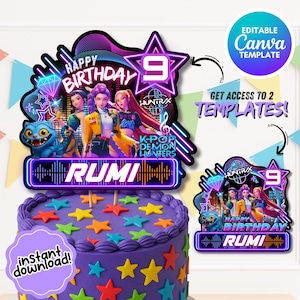 May include: A purple birthday cake with colorful star decorations and a cake topper featuring a K-Pop theme. The topper includes the text "Happy Birthday Rumi" and a graphic of three animated characters. The number "9" is also displayed.