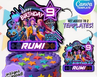 Editable Kpop Demon Hunter Cake Topper, Huntrix Birthday Decor, Kpop Party Printable, Canva Template, Instant Download, Party Favors