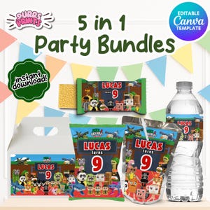 May include: A party bundle set with the text "5 in 1 Party Bundles" and "Lucas turns 9". The set includes a white box, snack bags, and a water bottle with matching labels. The design features cartoon characters and a banner.