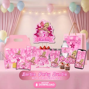 May include: A pink Barbie party bundle featuring a cake topper, gift bag, and party favors. The set includes a water bottle, invitations, and a smartphone with a Barbie graphic. The text reads "Barbie Party Bundle with 2 Free Templates!"