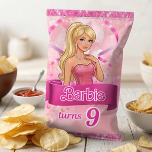 May include: Pink chip bag featuring a Barbie illustration in a pink dress and a pearl necklace. The bag has the text "Barbie turns 9". Bowls of potato chips and a small bowl of ketchup are in the background.