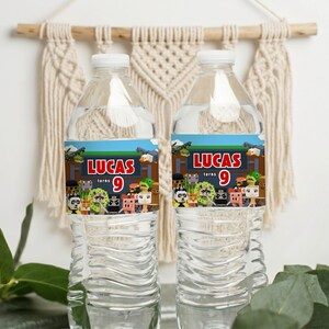 Pode incluir: Duas garrafas de água de plástico transparente com rótulos personalizados. Os rótulos apresentam o nome "LUCAS" em vermelho, o número "9" e personagens de desenhos animados. As garrafas são preenchidas com água e têm tampas brancas.