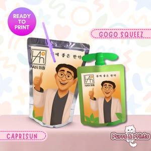 Kpop Demon Hunters, envoltorio de bebida tónica del Dr. Han, etiqueta de jugo GoGo SqueeZ + Caprisun, medicina de Rumi, fiesta Kpop de Huntrix PDF imprimible