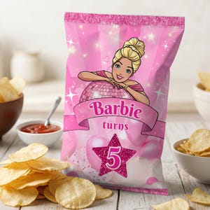 Pink Fashion Doll Chip Bag Wrapper | Custom Birthday Party Favor | Editable Snack Label | Printable Treat Bag Template | Canva Template BPD3