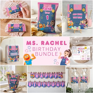 May include: A collection of party supplies featuring a pink and blue theme with the text "Ms. Rachel Birthday Bundle." Items include snack bags, candy wrappers, a banner, water bottle labels, and a sign. The designs incorporate cartoon characters and the name "Rachel."