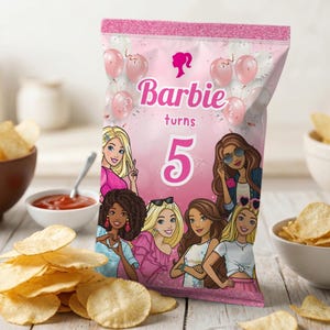 Pink Fashion Doll Chip Bag Wrapper | Custom Birthday Party Favor | Editable Snack Label | Printable Treat Bag Template | Canva Template BPD1
