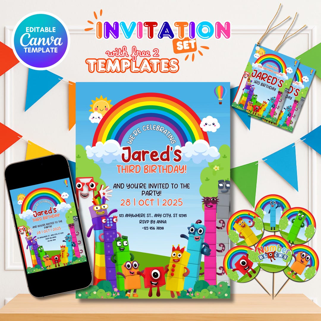 Editable Numberblocks Birthday Invitation | Printable Party Invite Set ...