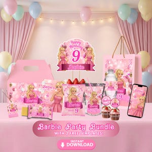 Pink Doll Party Favors 10in1 Bundle | Editable Chip Bag, Water Bottle, Juice Labels | Birthday Decor Printable | Canva Template | BPD4