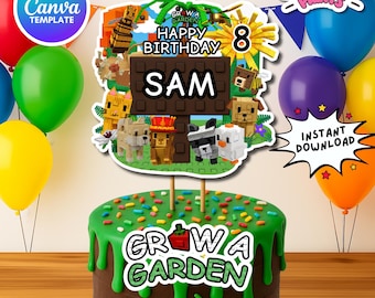 Bewerkbare Roblox Grow a Garden-taarttopper, gepersonaliseerd verjaardagsdecor, canvassjabloon, partijgunst, instant download, feestdecors, D4