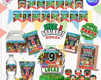 編集可能なRoblox Brainrot誕生日パーティー用印刷物10in1バンドル、Canvaテンプレート、即時ダウンロード、パーティーの記念品、カスタマイズ