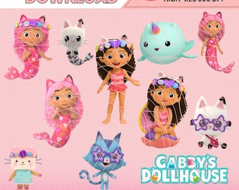 Pacote de Clipart de Sereia para Casa de Bonecas da Gabby, 25 PNGs 300 DPI, Download Instantâneo, Designs para Sublimação para Decoração de Bolos e Adesivos