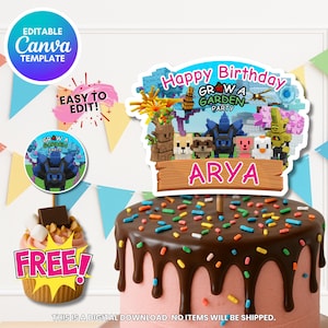 Personalized Roblox Cake Topper: Grow a Garden Birthday Decoration (PDF Download - Canva Template - Party Decor - Editable Template