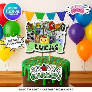 May include: A chocolate cake with green icing and colourful sprinkles, topped with a Minecraft-themed cake topper. The topper features pixelated animal characters and the name "LUCAS". Balloons and a banner decorate the background.