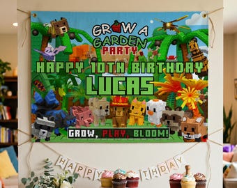 Roblox Wachsen ein Garten-Geburtstagsbanner, personalisierte Kulisse, Canva Vorlage, Partybevorzugung, sofortiger Download, Partydekore