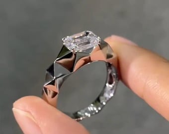 1ct Emerald Cut Lab Grown Diamond Ring: Black Gold Geometric Band