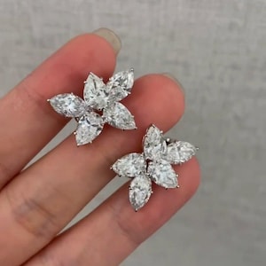 10ct Pear Lab Diamond 14K Gold Stud Earrings: Floral Bridal Jewelry