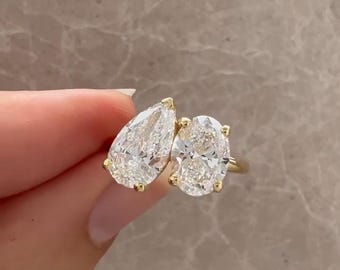 3CT Lab Grown Diamond Toi et Moi Ring: 14K Gold Pear & Oval Cut