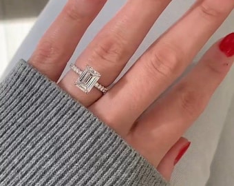 Emerald Cut Lab Diamond Engagement Ring: 14K White Gold Hidden Halo