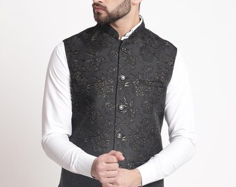 Premium Nehru-jacka i jacquard för män | Indisk Nehru/Modi-jacka i etniskt mönster